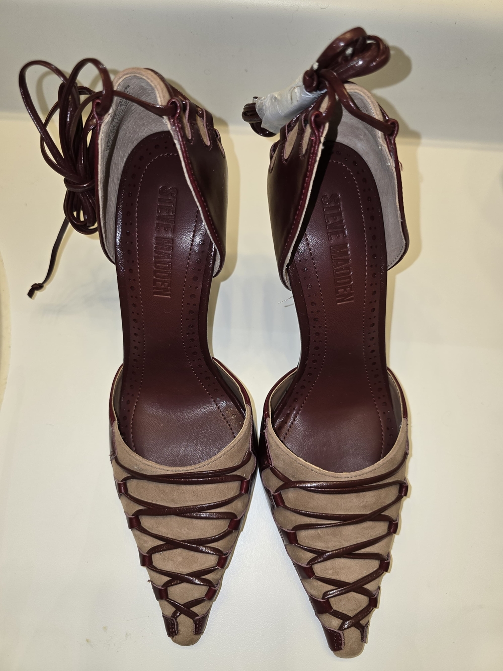 Steve Madden Beige Suede and Burgundy Lace-Up Pointed-Toe Heels
